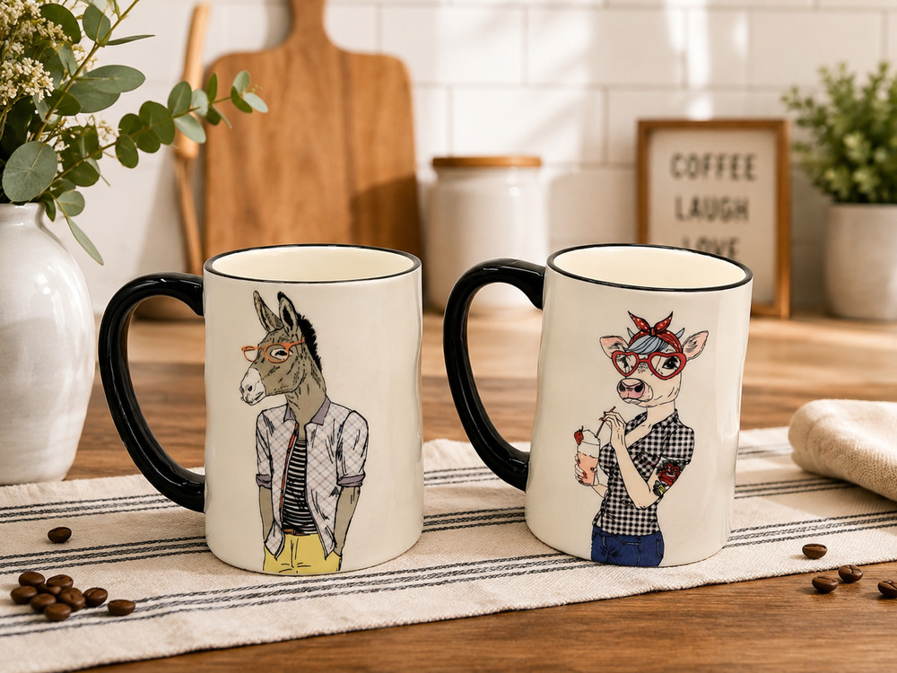 Signature Housewares Hipster Animal Mugs Donkey Cow Set of 2 Stoneware Coffee Cu